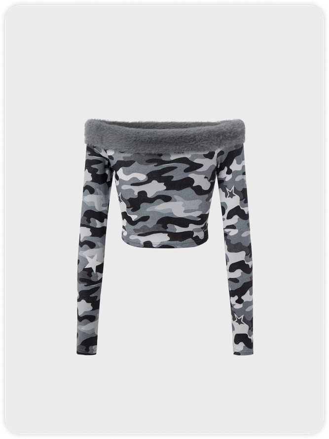 Street Gray Camo Boat Neck Top Women Top