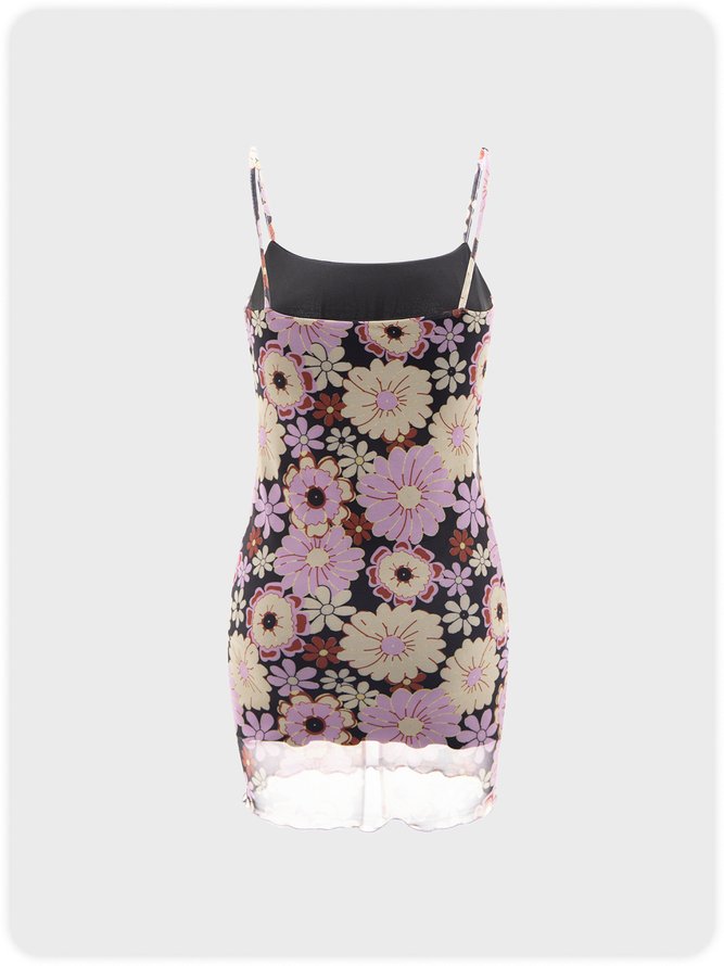 Floral Printed Ruched Bust Lace Edge Cami Dress