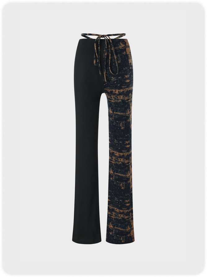 Tie-dye and Solid Patchwork Low Waist Lace Up Flared Pants