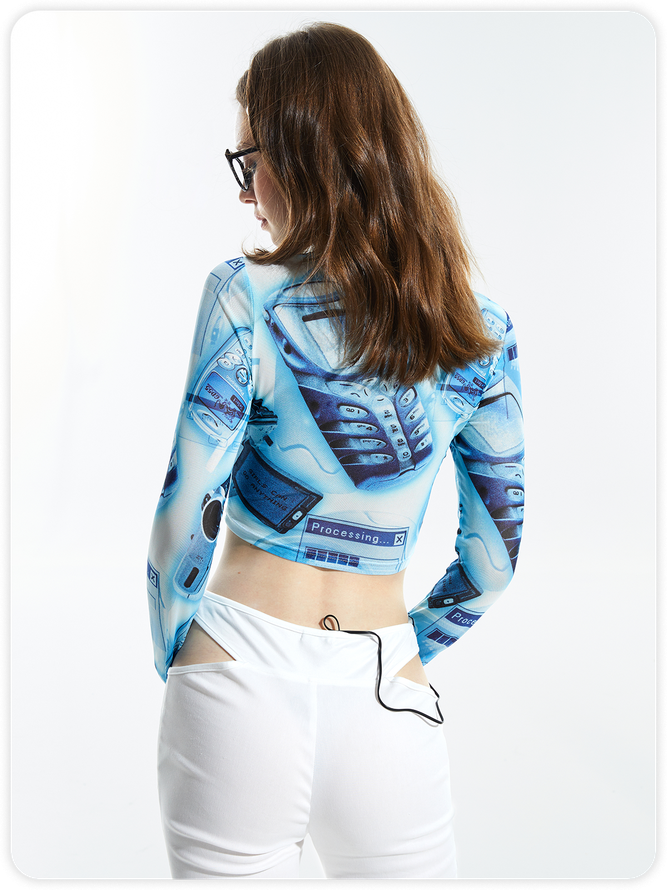 Y2K Blue Abstract Mesh Cropped Back To School Top Women Top | kollyy