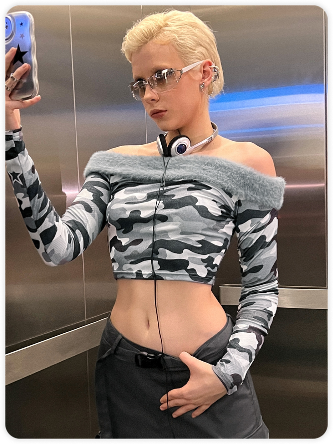 Street Gray Camo Boat Neck Top Women Top