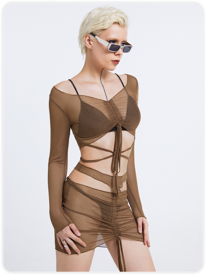 Edgy Brown Mesh Lace Up Drawstring Two-Piece Set