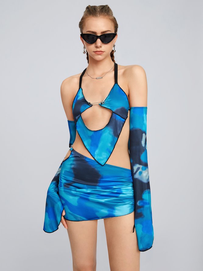 Edgy Vacation Blue Cut Out Irregular Hem Marbling Two-Piece Set