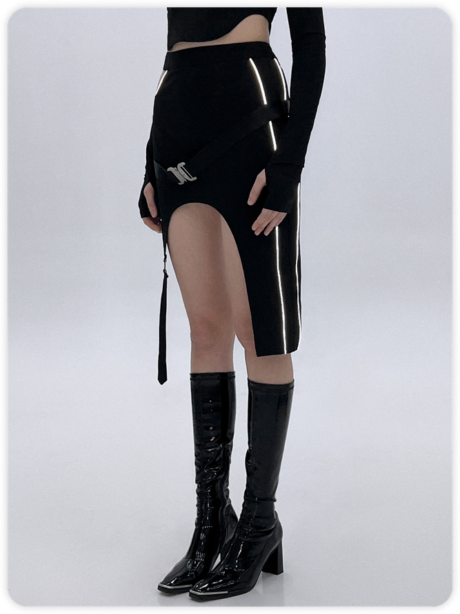 Street Black 3M Asymmetrical Design Metal Cyberpunk Bottom Skirt