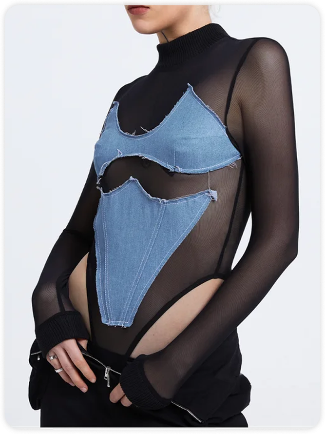 Edgy Black Asymmetrical Mesh Bodysuit kollyy