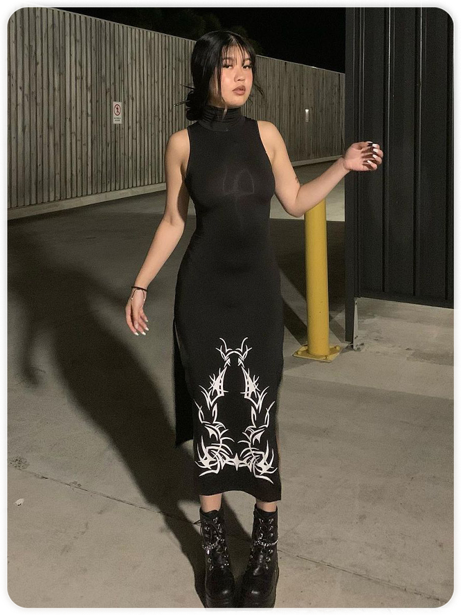 Black Split Tribal Dress Midi Dress