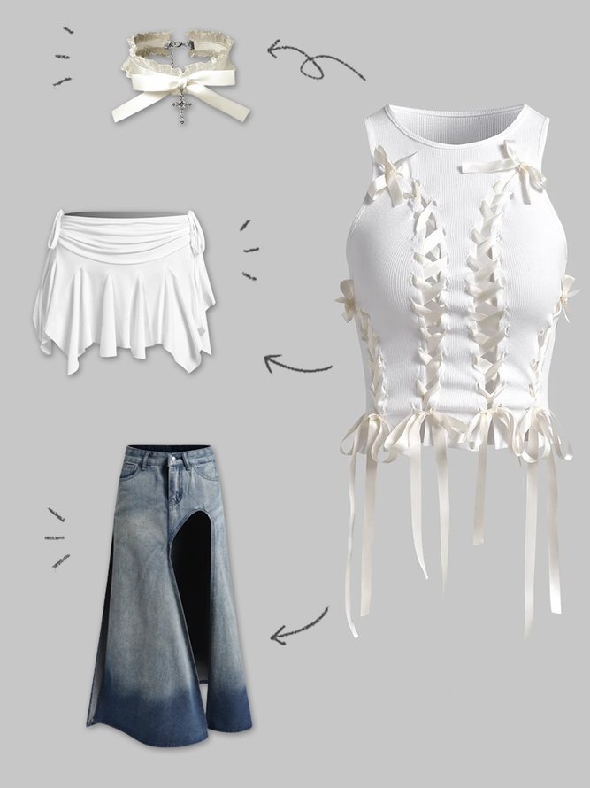 Y2k Balletcore White Side slit Lace up Top Tank Top & Cami