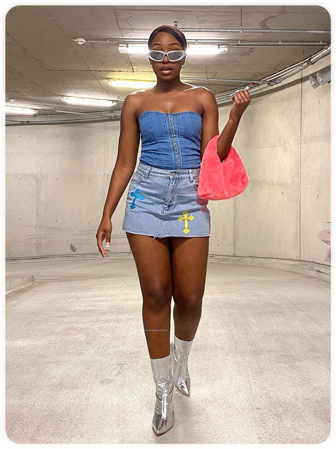 Street Blue Cross embroidery Denim Raw edge Bottom Skirt