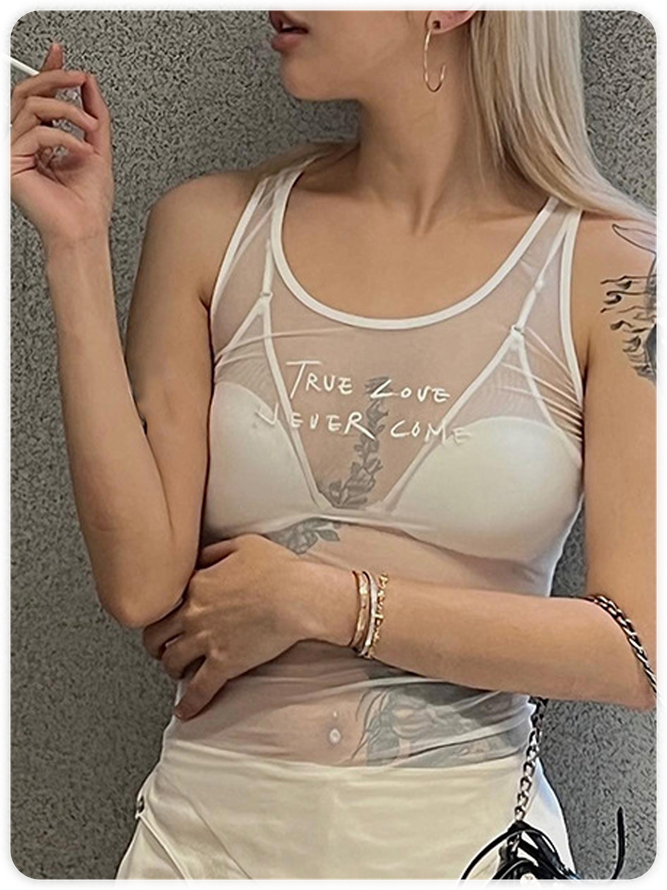 【Final Sale】Y2k White Letter Mesh Symmetrical design Top Tank Top & Cami
