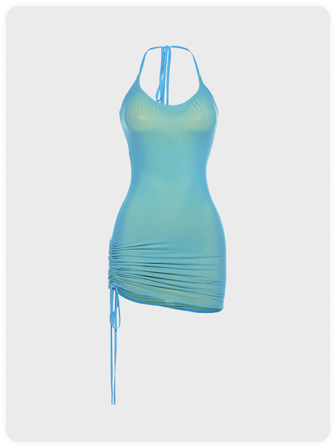 Double Mesh Drawstring Spaghetti Plain Sleeveless Short Dress