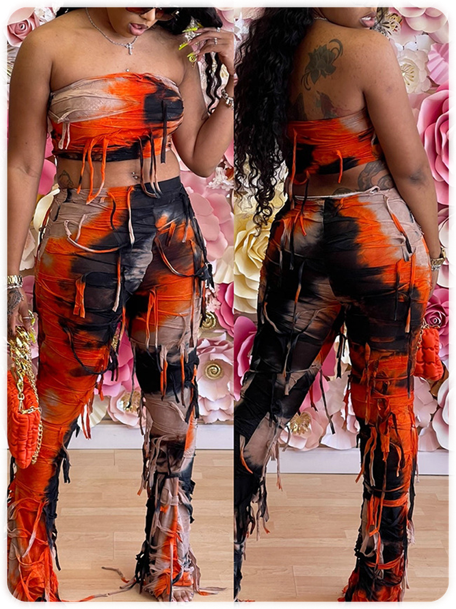 Ripped Fringe Plain Top With Pants Two-Piece Set