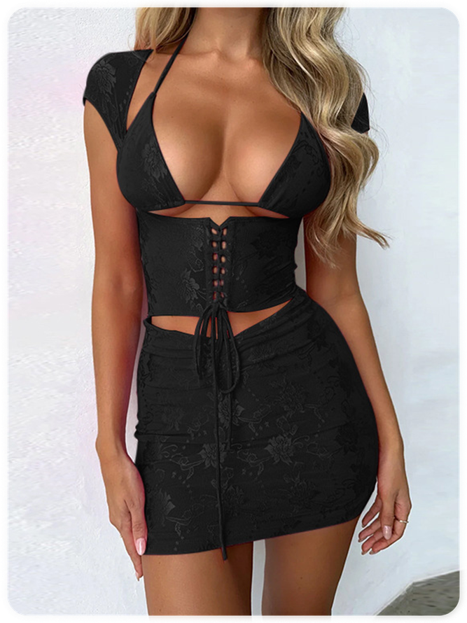 Lace Up Cut Out Plain Top With Skirt Matching Set