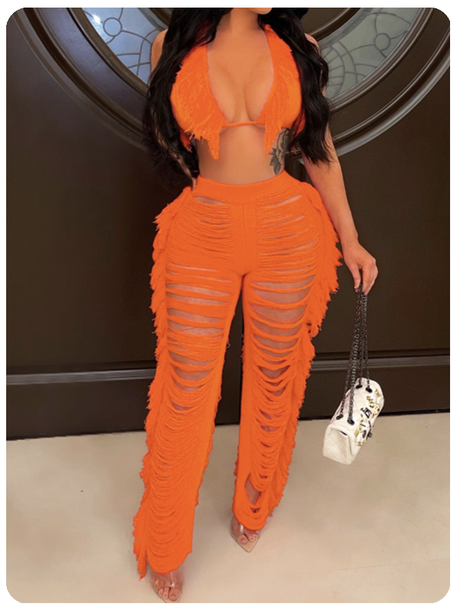 Knitted Fringe Plain Top With Pant Two-Piece Set