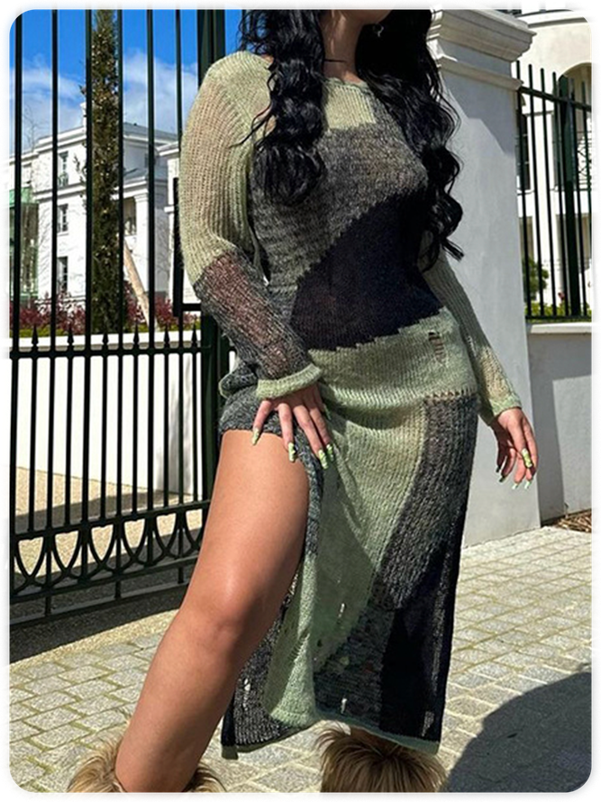 Side Slit Cut Out Colorblock Long Sleeve Maxi Sweater Dress