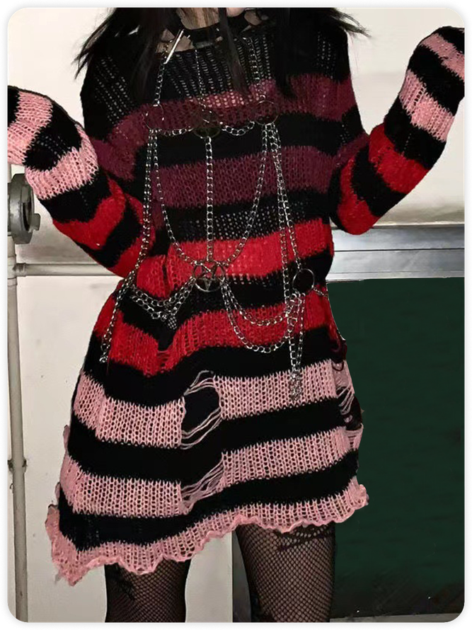Hollow Out Crew Neck Striped Long Sleeve Short Sweater Dress