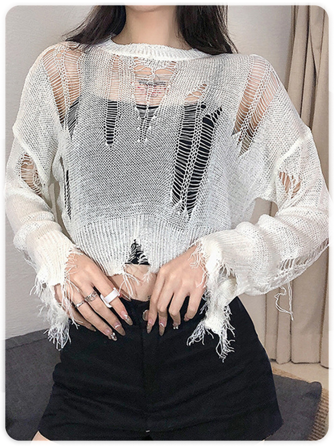 Knitted Hollow Out Crew Neck Plain Long Sleeve Sweater