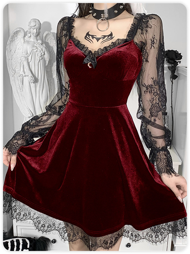 Velvet Halloween Lace Trim Long Sleeve Short Dress