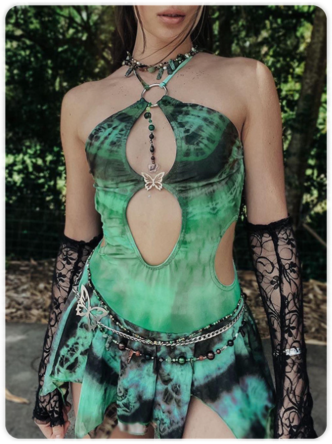 Cut Out Halter Tie Dye Long Sleeve Short Dress