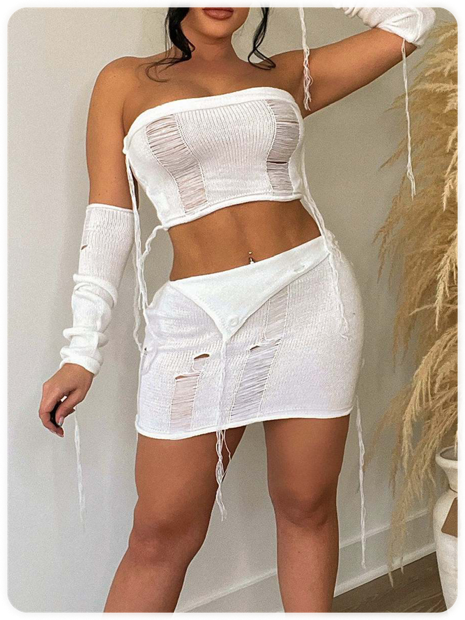 Hollow Out Knitted Plain Top With Skirt Two-Piece Set