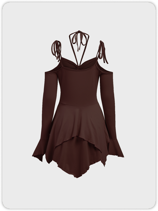 Irregular Hem Strapless Plain Long Sleeve Short Dress
