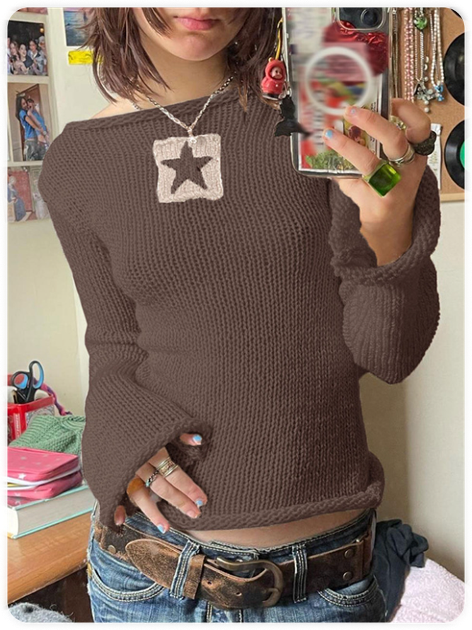 Bell Sleeves Crew Neck Star Long Sleeve Sweater