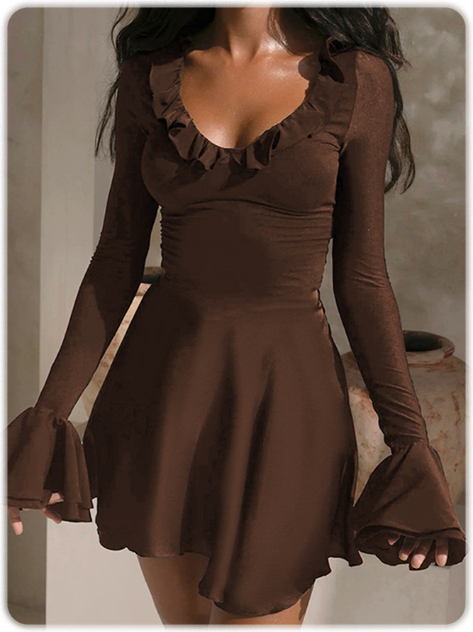 Ruffles Plain Long Sleeve Short Dress