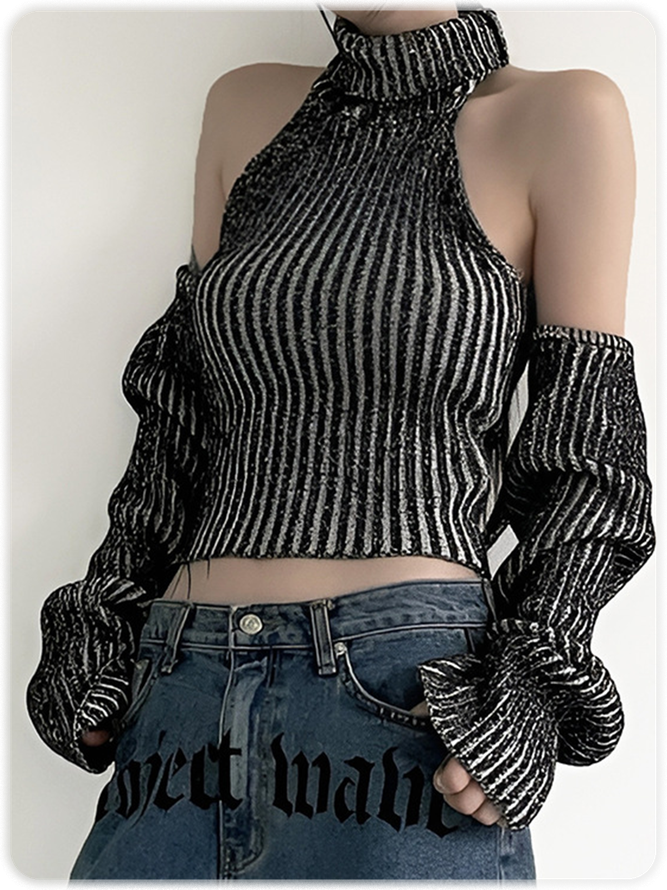 Knitted Backless Turtleneck Crop Top With Bolero
