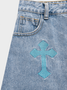 【Final Sale】Street Blue Cross embroidery Denim Raw edge Bottom Skirt