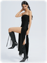 Slit Texture Fabric Strapless Plain Sleeveless Maxi Dress
