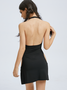 【Final Sale】Side Slit Hotfix Rhinestone Halter Plain Sleeveless Short Dress