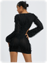 Cut Out V Neck Plain Long Sleeve Short Dress