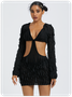 Cut Out V Neck Plain Long Sleeve Short Dress