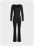 Square Neck Plain Long Sleeve Jumpsuit