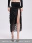 Lace Side Slit Wrinkled Plain Maxi Skirt