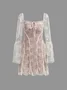 Bell Sleeves Double Layer Lace Square Neck Floral Long Sleeve Short Dress