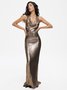 Metallic Halter Plain Sleeveless Maxi Dress