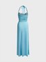 Backless Cut Out Metal Detail Halter Plain Sleeveless Maxi Dress