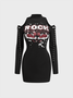 Stand Collar Text Letters Long Sleeve Mini Dress