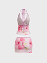 Floral V-Neck Halterneck Backless Vest and Mini Skirt Two-Piece Set