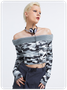 Street Gray Camo Boat Neck Top Women Top