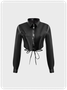Street Black Leather Low Waist Top Outwear
