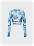 Y2K Blue Abstract Mesh Cropped Back To School Top Women Top