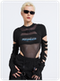 Edgy Black Graphic Patchwork Cut Out Bodysuit