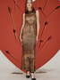 【Final Sale】Edgy Brown Vintage Cut Out Metal Dress Midi Dress