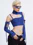 【Final Sale】Street Blue Lace Up Aymmetrical Design Top Women Top