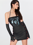 【Final Sale】Punk Black Lace-Up Design Skull Slim Halloween Dress Mini Dress