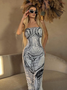 Edgy White Body Print Asymmetrical Design Dress Midi Dress