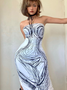 Edgy White Body Print Asymmetrical Design Dress Midi Dress