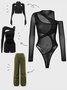 【Final Sale】Edgy Black Mesh Asymmetrical Design Arm Sleeves Bodysuit