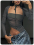 Street Gray Mesh Symmetrical design Double layer Top Women Top